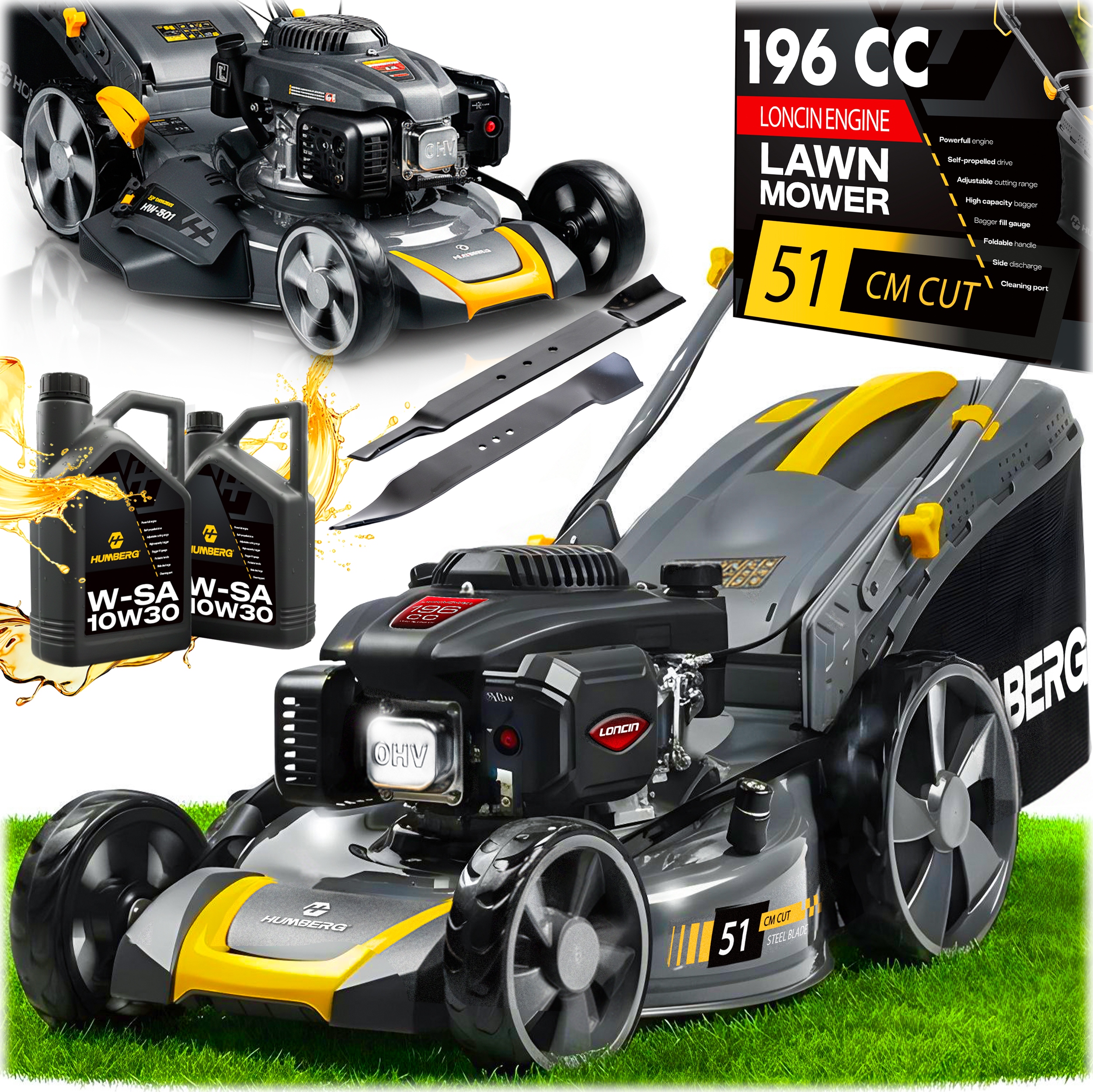 Výkonná benzínová kosačka na trávu s pohonom 51 cm 70 l Loncin 196 cm3 + olej model 2026
